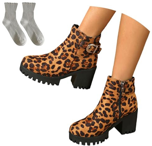 LDXEQIZ Stivali Corti da Donna con Tacco Largo Stivaletti in Camoscio Vintage Booties Leopardati con Fibbia Tacchi Alti Eleganti Autunno Inverno(Leopard,37 EU)