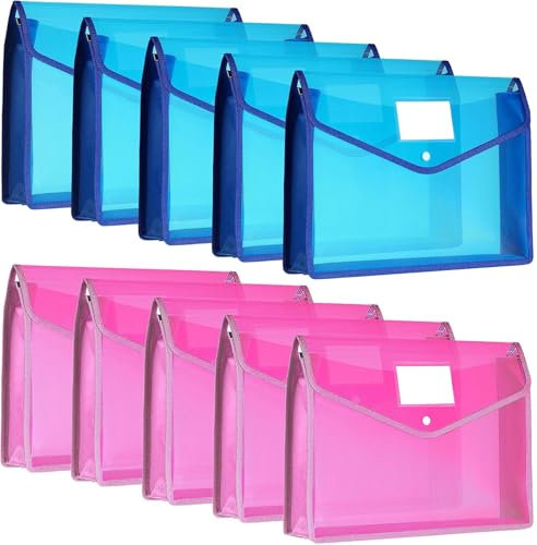 Porte Documents A4, Lot de 8 Pochette Plastique A4 Imperméable Enveloppe Transparente Chemise à Bouton Fichier Document Pochette Porte-Document pour Le Bureau, Maison, L'école, Bleu+Rose