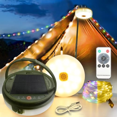 QSPORTPEAK Solar Camping Lichterkette Aussen 12M, 8 Beleuchtungsmodi, 3600mAh Aufrollbar Campinglampe Solar mit Fernbedienung und USB Wiederaufladbare für Camping,Hof und Wandern