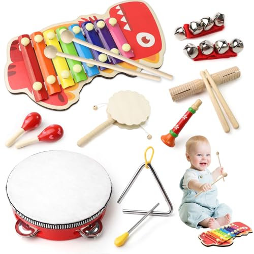 10Pcs Jouet à Percussion Tout-Petits Neutres Set, Instruments de Musique Bébés Bohèmes en Bois, Jouet Rythmique avec Xylophone Tambour Tambourines pour Enfants Garçons Filles
