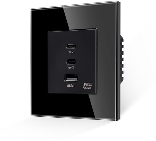 JIMEIDA USB-Steckdose 65W PD (2C+1A), Glas schwarz, 16A, 86x86mm | Steckdose, 65W PD (2C+1A), 16A, Glas Panel, Kindersicherung, Feuerfest, Unterputz, 86x86mm, schwarz