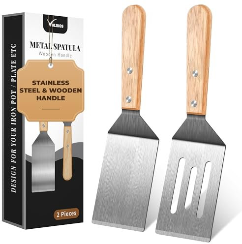 Stainless Steel Spatula Set, 2 pcs for Cast Iron Skillet with Wooden Handle