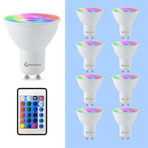 Bravsekai Lampadina LED GU10 RGB con Telecomando IR, Equivalente 35W, 16 Colori & Effetti Dinamici, Angolo Fascio 38° per Atmosfere Personalizzate (Confezione da 8)