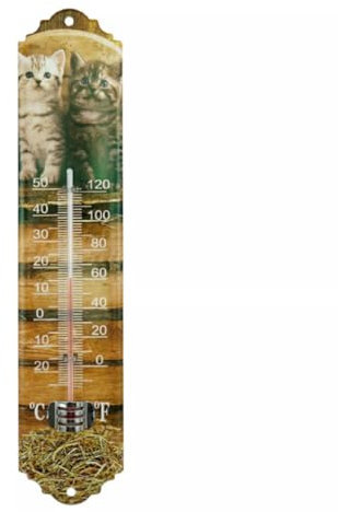 MIKONI Zimmerthermometer Metall 29,5 x 6,5 cm Thermometer Innen Außenthermometer Analog Raum Garten MD19 (Katzen)