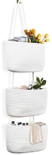 OJTOJT Hängender Organizer, Hängeorganizer Mit Haken, Wand Hängen Tasche Zum3-Tier, Hängeregal Stoff Wand aus Baumwollseil Gewebt, Für Wohnzimmer, Schlafzimmer, Bad, Kinderzimmer (Weiß)