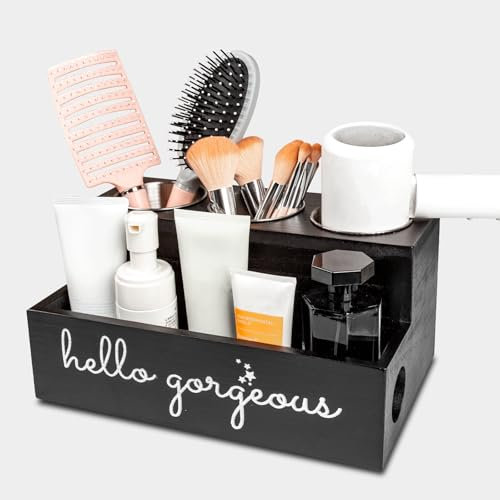 Cokritsm Portasecador de Pelo Madera - Organizador 2 Niveles para Planchas y Cosméticos del Baño,Organizador de Herramientas para el Cabello, Montaje en Pared o Mostrador (Negro)