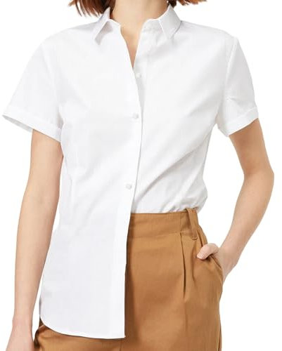 JiaYouLC Women's Short Sleeve Blouses & Shirts Stretch Button Down T Shirts Executive Office Business Casual Tops for Ladies (UK, Alpha, L, Regular, Regular, White)