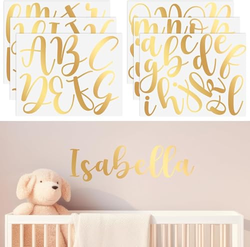 Personalisiertes Namenswandaufkleber-Set, 7 Blatt goldene Buchstabenaufkleber, 12,7 cm großes Alphabet, benutzerdefinierte Namensaufkleber, Kinderzimmer Wandkunst