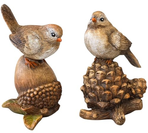 Logbuch-Verlag Dekofigur Vogel braun auf Eichel & Tannenzapfen 10–11 cm – Herbstdeko Figur aus Kunststein – 2er Set