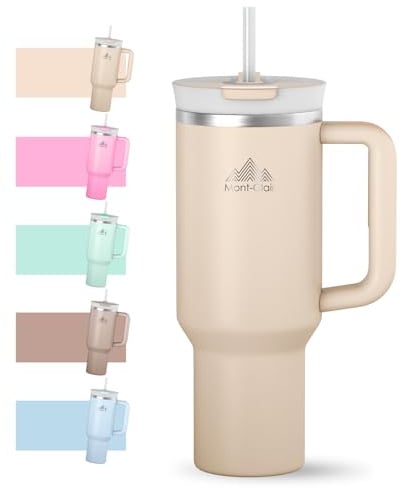 Mont-Clair 40oz Tumbler with Straw and Lid - Leakproof Insulated Stainless Steel Travel Mug with Handle - Travel Mug - Cold or Hot for 10 Hours - Iced for 48 Hours - 1200ml - Rose Quartz | Equals 40 oz, Keeps Cold 10 Hours, Ice Cream 2 Days with Ice, Fits in Cup Holder, Rose Quartz