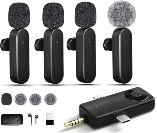 Bayanbulu Kabellose Lavaliermikrofone, 3-in-1-Universalempfänger für Android iPhone iPad Laptop & Kamera, kabelloses Mini-Mikrofon für Videoaufnahmen, Vlog, YouTube, TikTok (4 Mikrofone)