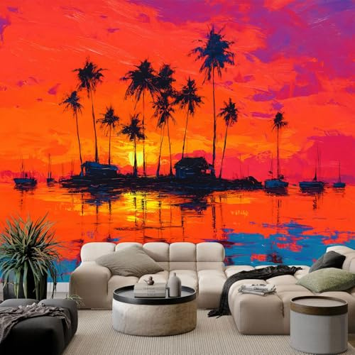 WHUOEUCO Fototapete Wandbild Palmen auf Sunset Island 300x210 cm 3D Vlies Foto Tapete Moderne Wandtapete, für Schlafzimmer, Kinderzimmer, Küche, Esszimmer Deko Motivtapete