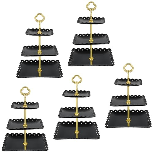CHEUNGR 3 Tier Plastic Cupcake Stand, 5 Pack Square Afternoon Tea Stands, Reusable Dessert Display Tower for Wedding, Birthday, Afternoon Tea Party, Black Gold