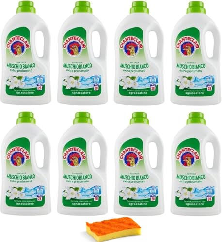 8 x Chanteclair Lavatrice Bianco Muschio Detersivo Liquido - Detersivo Liquido per lavatrice - Formula detergente con sgrassatore 28 lavaggi 1260 ml + spugna piatti KIT CREATO DA GALLIK