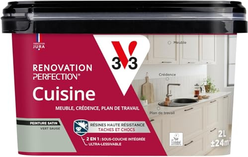 V33 Peinture Rénovation Perfection® Cuisine Vert Sauge Satin - 2L | Haute Résistance taches et Chocs - Ultra-Lessivable - Meuble - Crédence - Plan de travail