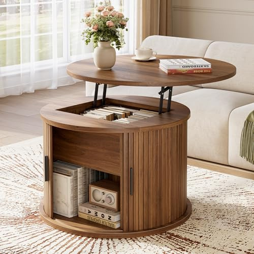 Hizyrina Round Lift Top Coffee Table, 60cm Fluted Drum Coffee Table with Large Hidden Storage for Living Room, Center Table with Sliding Rolling Door for Small Spaces, Apartment, Home Office, Brown