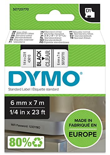 DYMO Original D1-Etikettenband | schwarz auf transparent | 6 mm x 7 m | selbstklebendes Schriftband | für LabelManager-Beschriftungsgerät