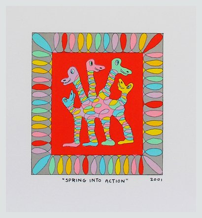 Germanposters James Rizzi Spring Into Action Kunstdruck Lithographie Bild Druck mit Alu Rahmen in Silber Natur 23,7x21,4cm