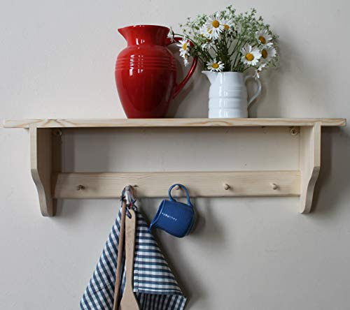 Solid pine shelf with a rail of Shakers pegs for mugs, jewellery...Natural finish, 3, 4, 5 or 6 pegs