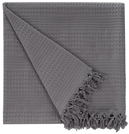 Class Home Collection Tagesdecke 220x240 cm in Waffeloptik – Extra großer Bettüberwurf, Sofa Überwurf aus 100% Baumwolle mit Fransen, Wolldecke für Sofa, Sessel & Bett im Schlafzimmer Grau