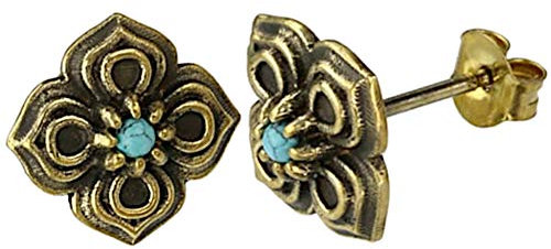 CHICNET Pendientes para mujer de latón y piedra de cristal, flor antigua de 10 mm, oro antiguo, ópalo, piedra lunar, ónix, turquesa, purpurina, blanco, aguamarina, lila, vintage, hechos a mano, Latón