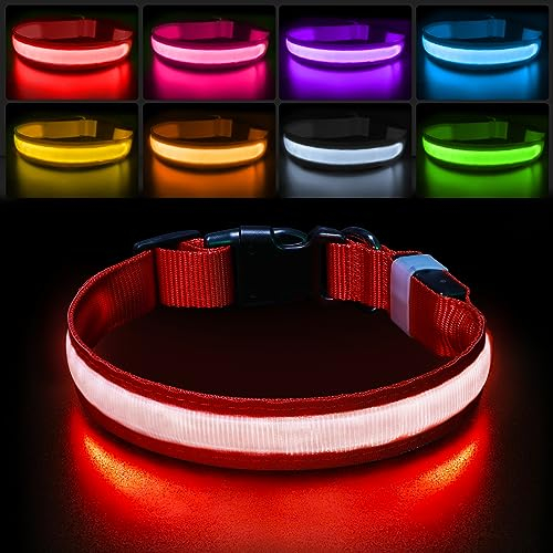 PcEoTllar Leuchthalsband Hund Aufladbar, Hundehalsband Leuchtend Wasserdicht, LED Halsband für Hunde 7 Farbwechsel Einstellbare für Kleine Mittlere Große Hunde, Rot-L