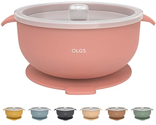 Olgs Silikon Schüssel mit Deckel & Saugnapf für Baby und Kinder | Kindergeschirr Silikonschüssel für Mädchen | BPA-frei, Spülmaschinenfest | Breischale rutschfest Rosa (Muted)