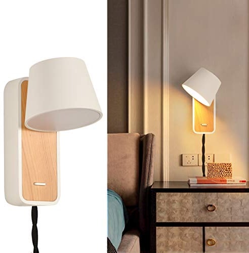 Moderne Wandleuchte mit Steckerkabel für Schlafzimmer, Flur, Wohnzimmer, moderne Innenbeleuchtung, drehbare nordische Nachttisch-Leseleuchten, Up-Down-Wandleuchten aus weißem Holz mit Schalter
