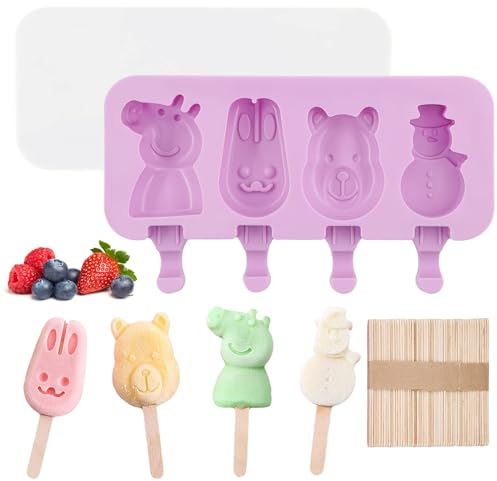Eisformen Eis Am Stiel Silikon+50 Eisstiele Holz,Eisformen Silikon, Eisformen Kinder mit Stiel, Popsicle Formen mit Deckel,Stieleisformen DIY für Kinder