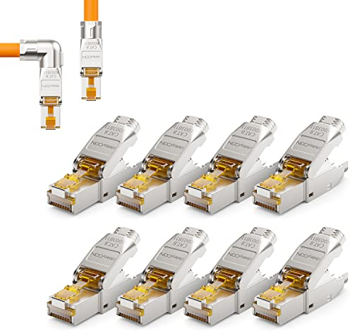 deleyCON 8x CAT 8 Netzwerkstecker 90° Winkel Stecker RJ45 Werkzeuglos Geschirmt 40 Gbit/s Netzwerk Stecker für Starre Verlegekabel Rohkabel Steckverbinder RJ45 Ethernet LAN DSL Patchkabel