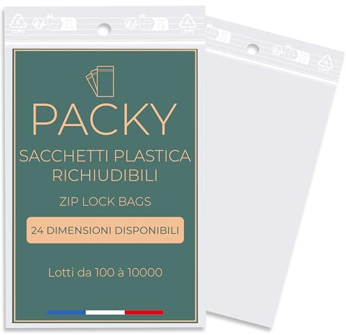 PACKY - Sachet Zip - Sachet Plastique Transparent - 24 Tailles Disponibles - 100 à 10000 pièces - Sac Congélation Zip - Pochon Refermable - Ziplock Bag - Petit et Grand - 23x32 Cm Lot De 100
