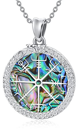 enjoylifecreative Wikinger Drachen Halskette 925 Sterling Silber Abalone Muschel Vegvisir Runen Kompass Anhänger Wikinger Amulett Schmuck Geschenke für Damen Herren