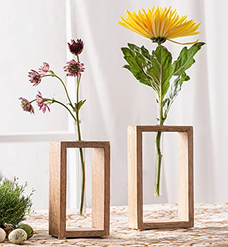 Dekoleidenschaft 2X Deko-Vase Minimal aus Mango-Holz, mit Reagenzglas, Blumenvase, Reagenzglasständer, Vasen-Set, Vasenhalter mit Glasvase, Minivasen mit Glasröhre, Tischdeko, Designvase