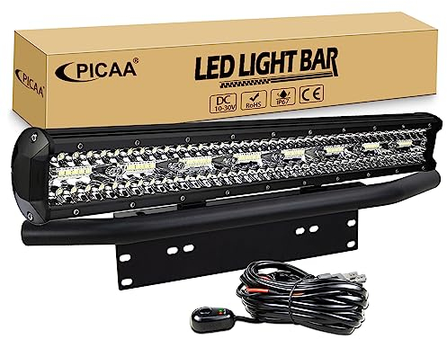 PICAA 23 inch 480W Car Led Light Bar with Front Bumper Mounting Bracket and 12v Wiring Harness Cable Kit, Tri Row Offroad 4x4 Light Bars Driving Fog Lamp Work Lights, Flood Spot Combo 6000K White