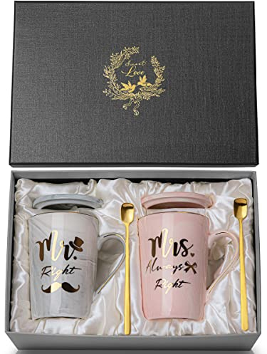 Mr Right and Mrs Always Right Couples Mug Sets for Wedding Gifts, Engagement Gifts, Bride to be, Bridal Shower, Bride and Groom, 14oz Ceramic Marble Cup with Gold Pattern, Microwave Dishwasher Safe