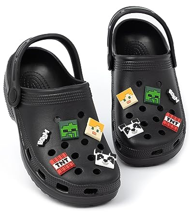 Minecraft Klassische Kinderclogs | Schwarze, atmungsaktive Pantoletten mit Stützriemen für Jungen und Mädchen | Schuhe mit Game Creeper TNT-Waffen-Motiven