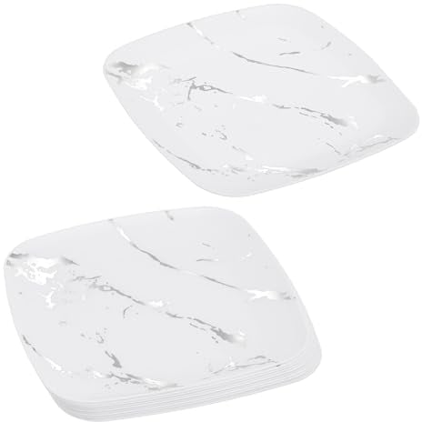 euro disposables Pack of 10 Small Square 7.25 Hard Plastic Plates White and Silver Marble Design 18.5cm Party Plates Great for Wedding, Picnics, Parties, and Events (7.25 Plates)