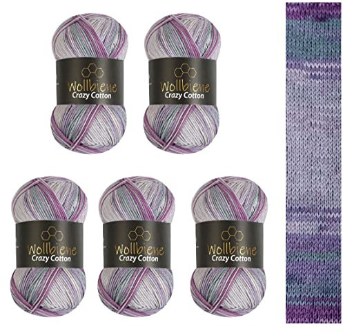 5 x 100g Wollbiene Crazy Cotton Batik 500 Gramm mit Farbverlauf 55% Baumwolle mehrfarbig Multicolor Strickwolle Häkelwolle Wolle Ganzjahreswolle (6050 beere lila grau)