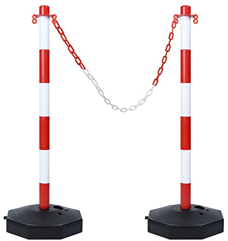UISEBRT 2 Stück Absperrpfosten Kettenpfosten aus Kunststoff mit 2 Absperrketten von 140cm, Sperrpfosten mit Standfuß 82 x 28 x 28cm, für Verkehrskontrolle Warnung, Rot und Weiß