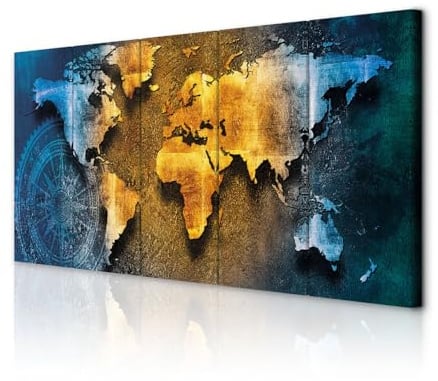 decomonkey Tableau Acoustique Carte du Monde 150x60 5 Pièces Déco Bureau | Impression sur Toile, Décoration Maison, Isolation Peinture Image Phonique, Boussole continents cartes monde texture