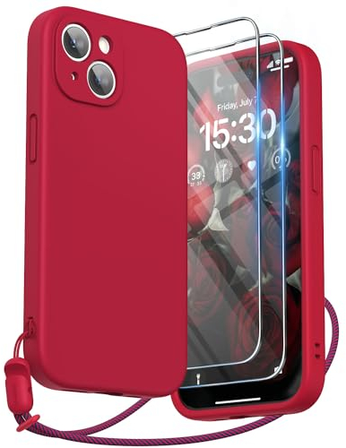 SURPHY Design for iPhone 15 Case, Liquid Silicone Protection for Each Lens [2 x Screen Protectors & 1 x Lanyard] Shockproof Cover for iPhone 15 6.1 inch 2023, Red