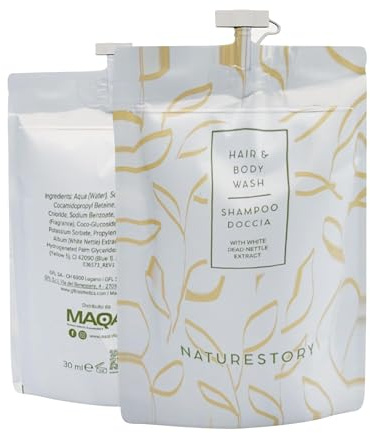 MAQA 200 Stück Einzeldosis-Duschshampoo Doypack 30 ml, Duschshampoo mit weißen Brennnesselextrakten, Hotel-Duschshampoo-Beutel, kostenlose Linie für B&Bs
