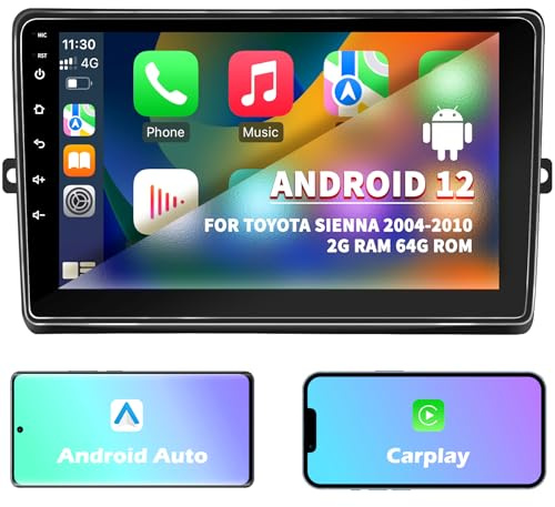 Android 12 9 Inch Car Radio for Toyota Sienna 2004-2010 Wireless Apple CarPlay and Android Auto, IPS Touchscreen, GPS Navigation, 2GB+64GB, Bluetooth/Voice Control