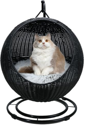 QLXYYFC Pet Swing Chair - Elevated Cat Bed Hammock with Stylish Iron Frame, Hanging Cat Bed Hammock for Indoors & Outdoors Cats (Black, 43cm X 66cm)