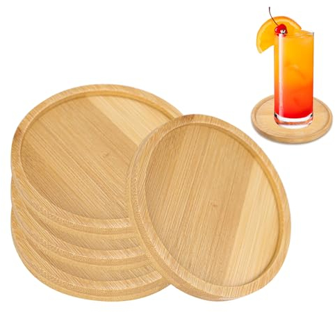4 Stück Untersetzer Holz für Gläser, Bambus Waschbare Untersetzer Rund Geeignet, 13cm Untersetzer Gläser Holz Set, Glasuntersetzer Holz, Untersetzer aus Bambus, für Getränke, Bar, Tassen, Glas
