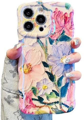 UEEBAI Case for iPhone 15 Pro Max, Glossy Oil Painting Flower Pattern Case, Curly Wave Frame, Cute Pretty Aesthetic, Lens Protection Screen anti-scratch Cover for Girl Women - Purple Pink