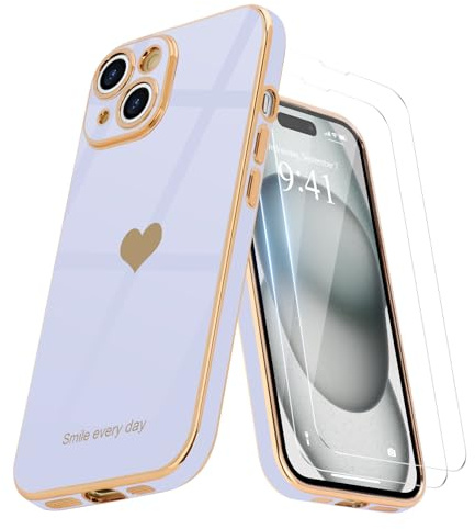 Teageo Cute Heart Girly Design Case for iphone 15 plus, Purple | with 2 Screen Protectors, Luxury Bling Plating Phone Case, Soft TPU Cover, Shockproof Bumper, for Women Girls