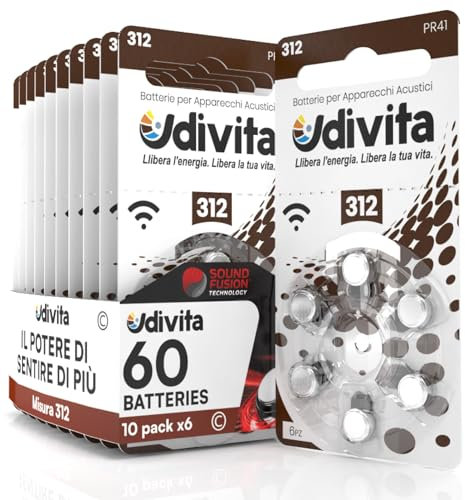 60 Hearing Aid Batteries Size 312. Udivita - 10 Blister of 6 Batteries