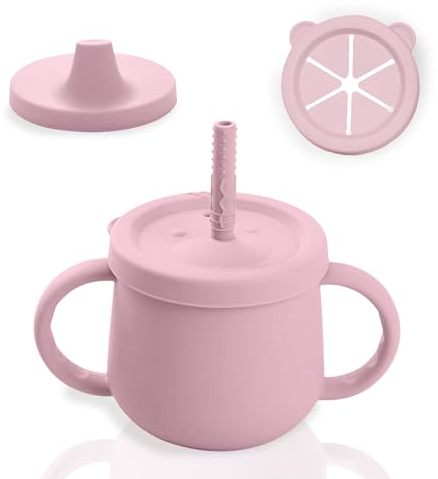 PICOCACA | Vaso de Aprendizaje Bebé 4 en 1 | Taza Infantil con Pajita, Boquilla, Recipiente para Snacks y Asas (Rosa)