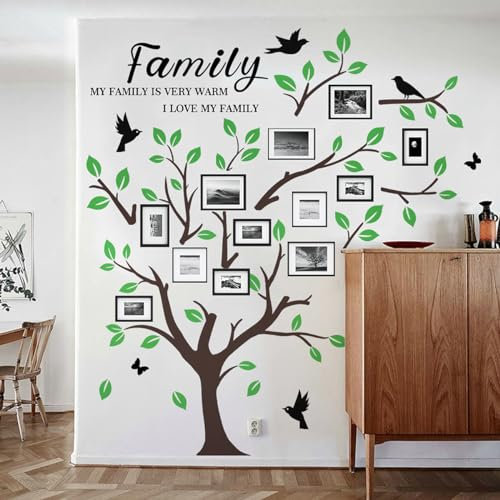 Adesivo da parete rimovibile con grande albero genealogico 3D Peel and Stick albero e uccelli collage decorazione da parete fai da te citazione familiare adesivi da parete per camera dei bambini